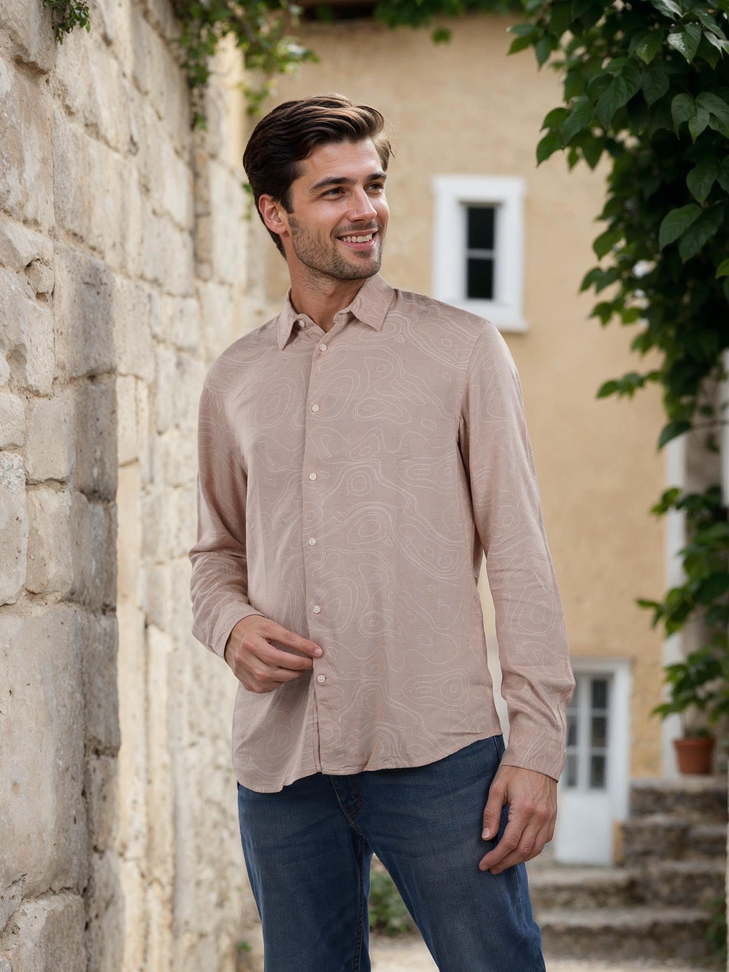 Celio* Printed Regular Fit Linen Pink Shirt