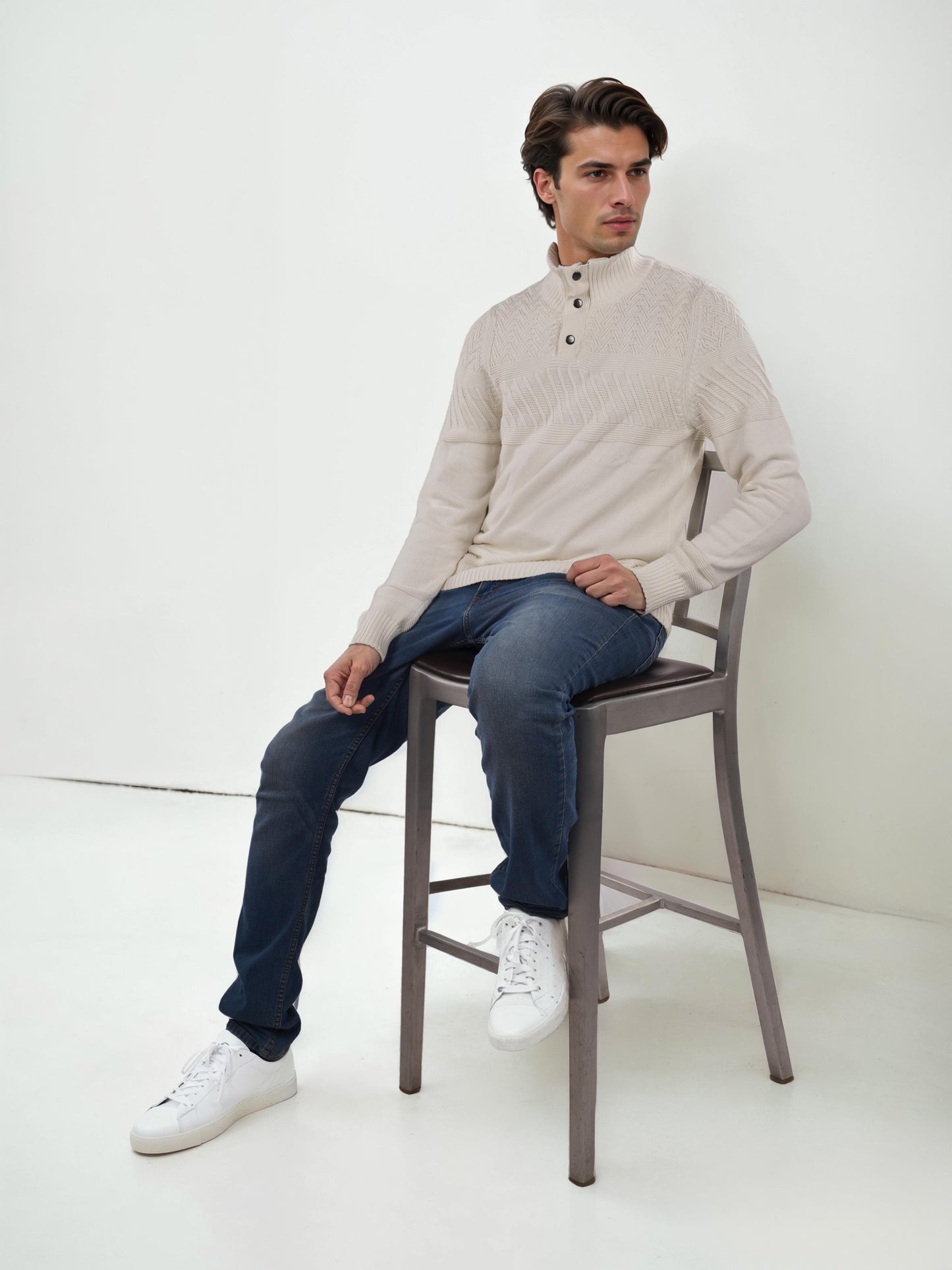Celio* Solid Regular Fit Cotton Off White Sweater