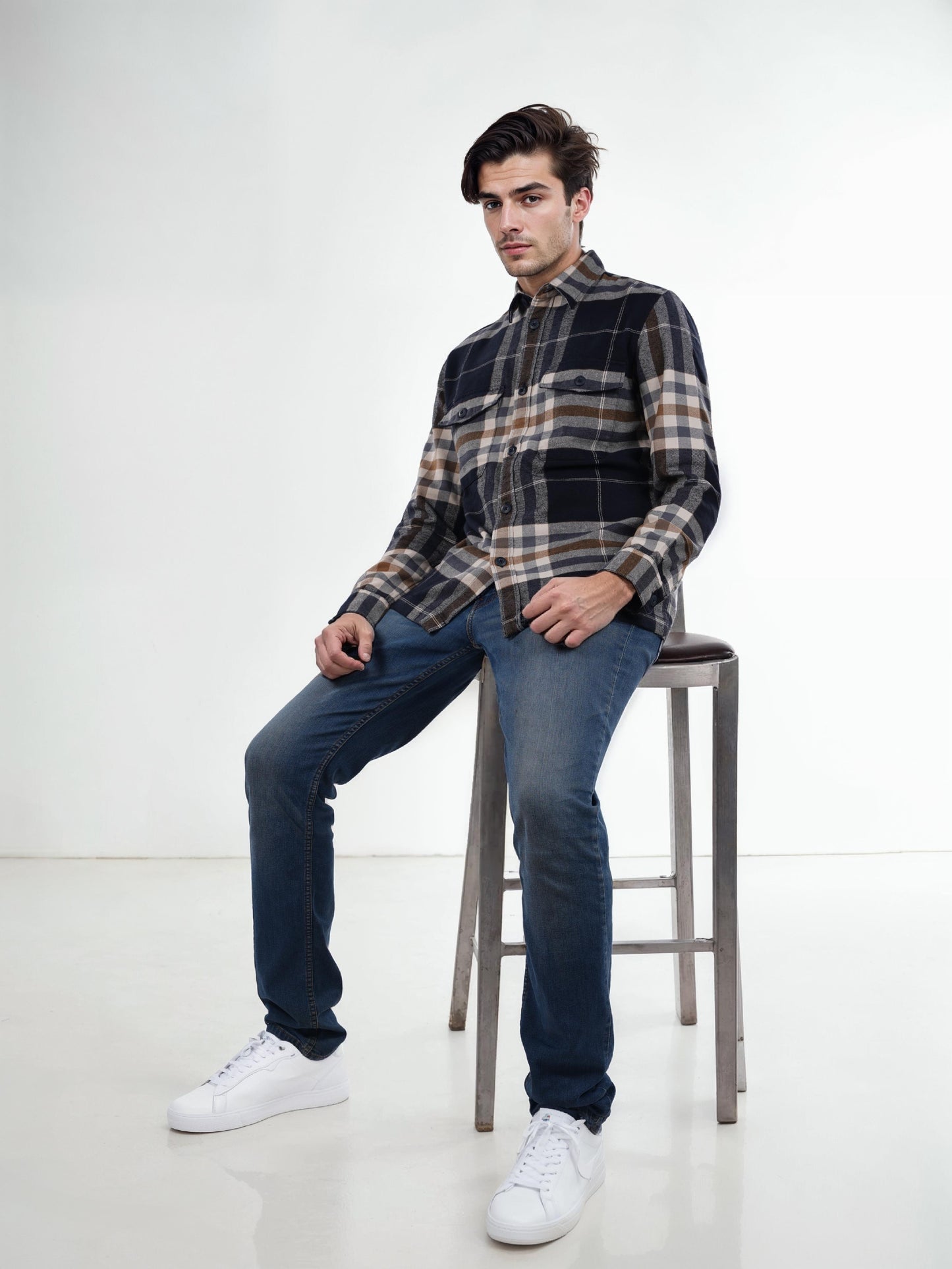 Celio* Checked Oversized Cotton Navy Blue Shirt