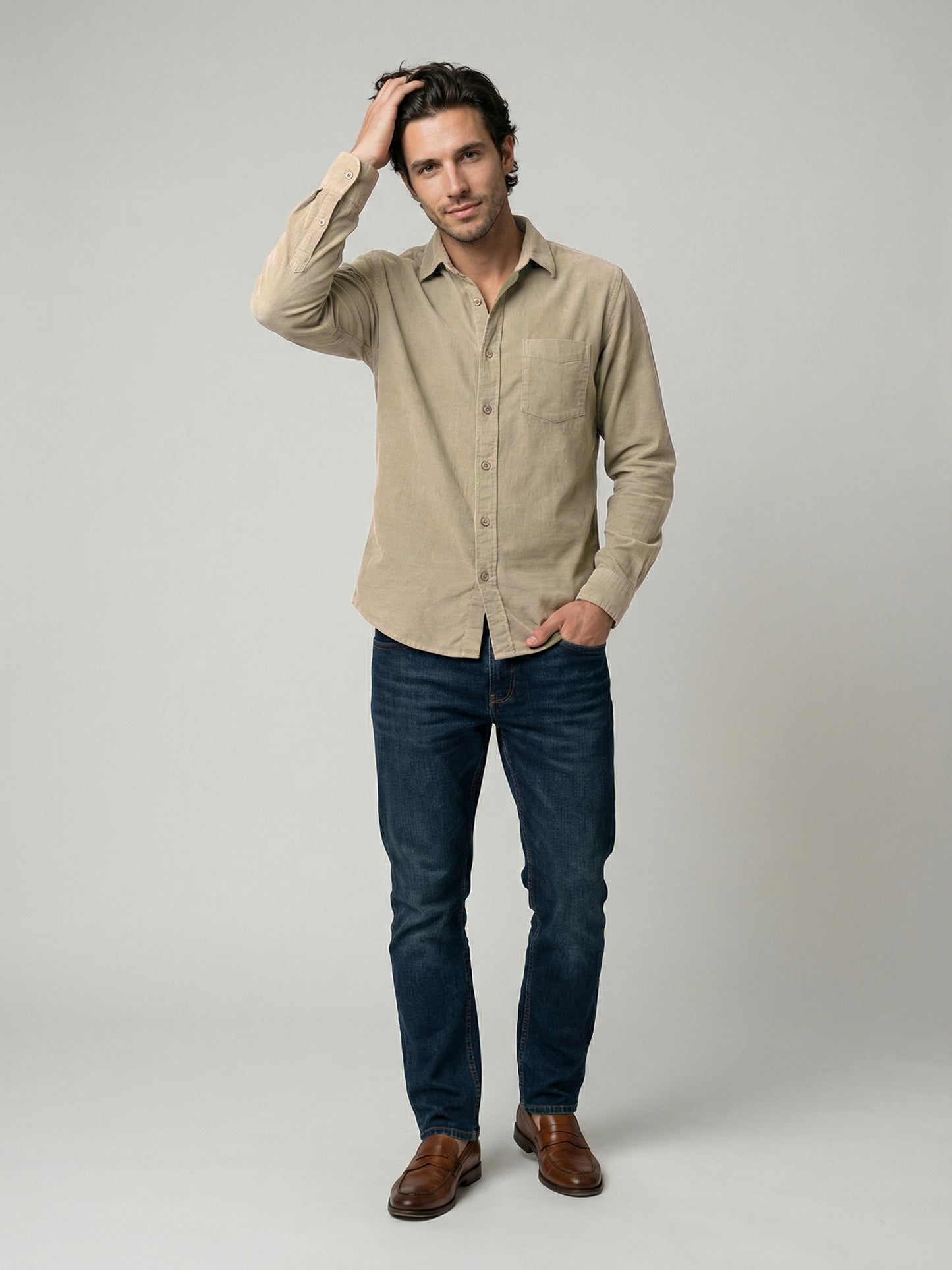 Celio Mens Beige Corduroy Regular Fit Cotton Shirts