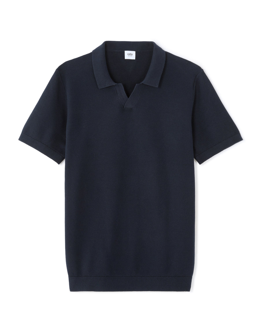 Regular Fit 100% Cotton Textured Cuban Collar T-Shirt - Navy Blue