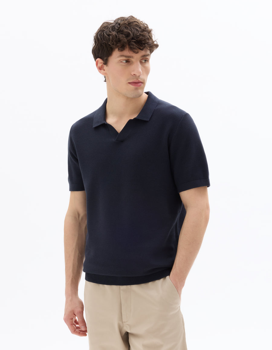 Regular Fit 100% Cotton Textured Cuban Collar T-Shirt - Navy Blue