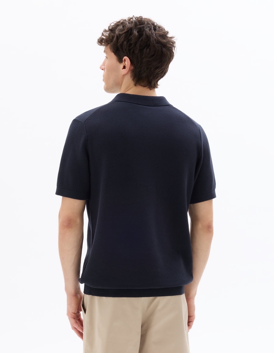 Regular Fit 100% Cotton Textured Cuban Collar T-Shirt - Navy Blue