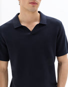 Regular Fit 100% Cotton Textured Cuban Collar T-Shirt - Navy Blue
