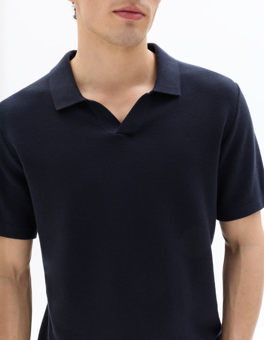 Regular Fit 100% Cotton Textured Cuban Collar T-Shirt - Navy Blue