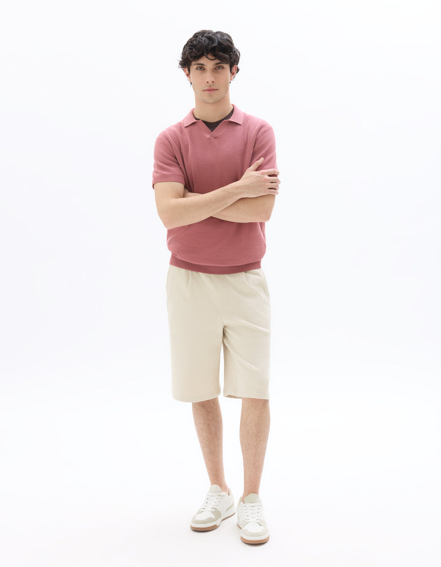 Regular Fit 100% Cotton Textured Cuban Collar T-Shirt - Pink