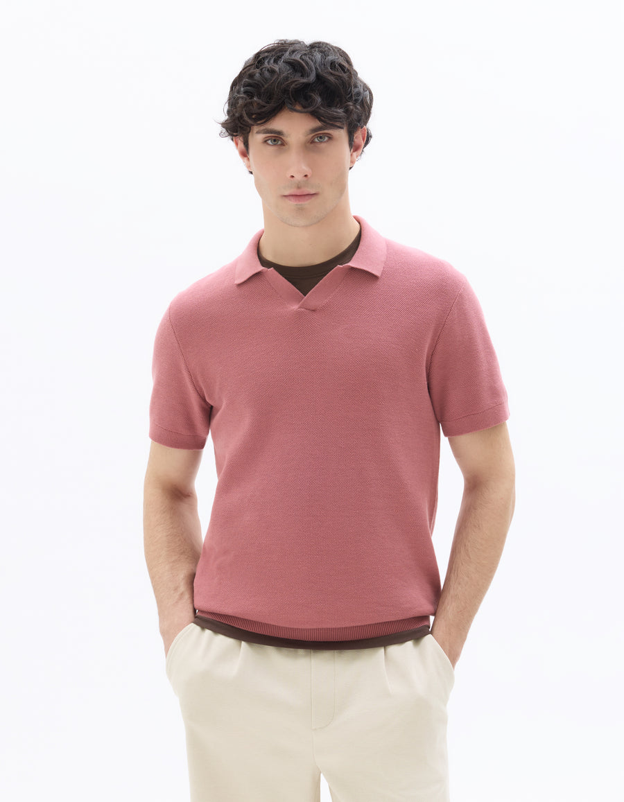 Regular Fit 100% Cotton Textured Cuban Collar T-Shirt - Pink