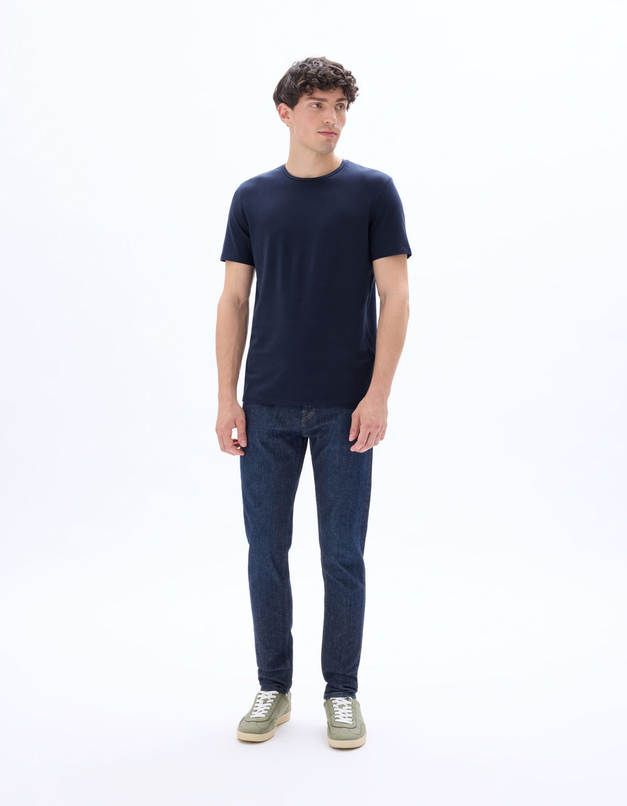 Slim Fit Stretch Cotton Crew Neck T-Shirt - Navy Blue