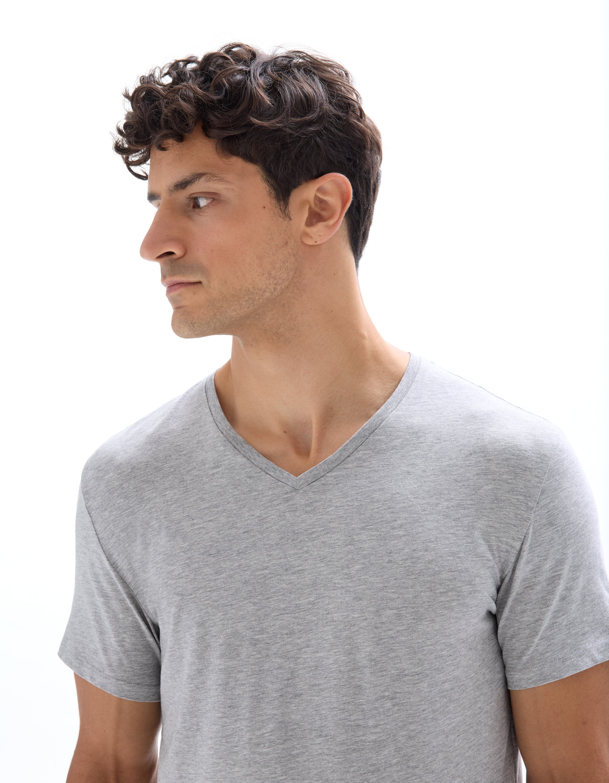 Slim Fit Cotton Blend V Neck T-Shirt - Grey