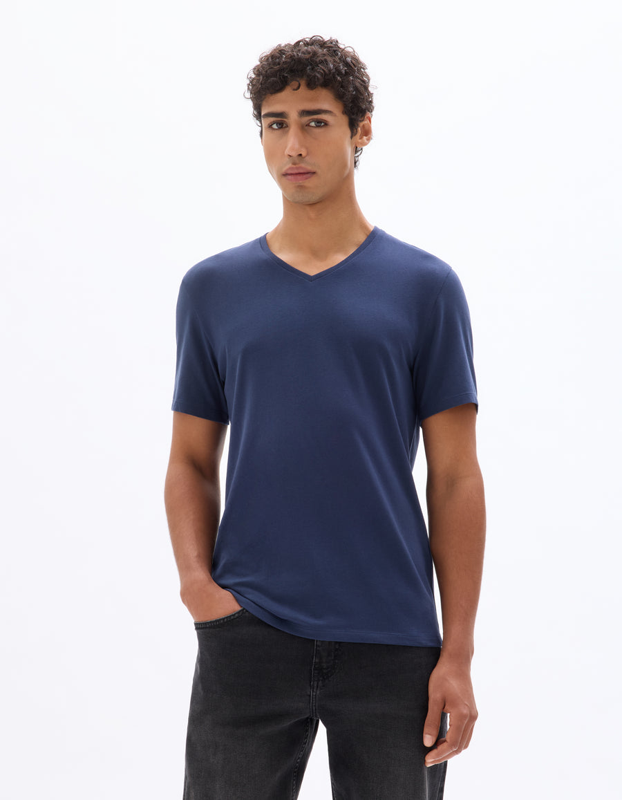 Slim Fit Cotton Blend V Neck T-Shirt - Navy Blue