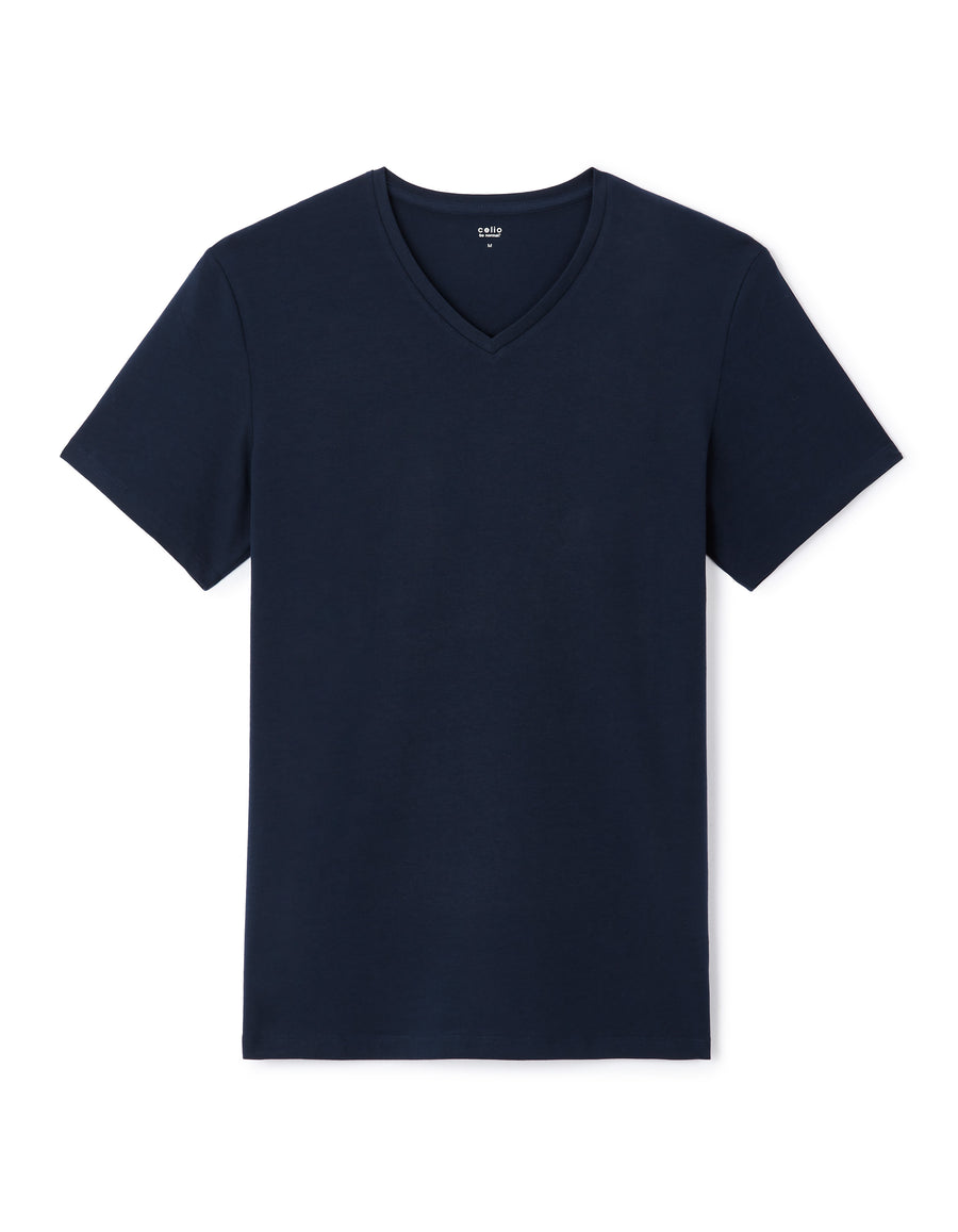 Slim Fit Cotton Blend V Neck T-Shirt - Navy Blue