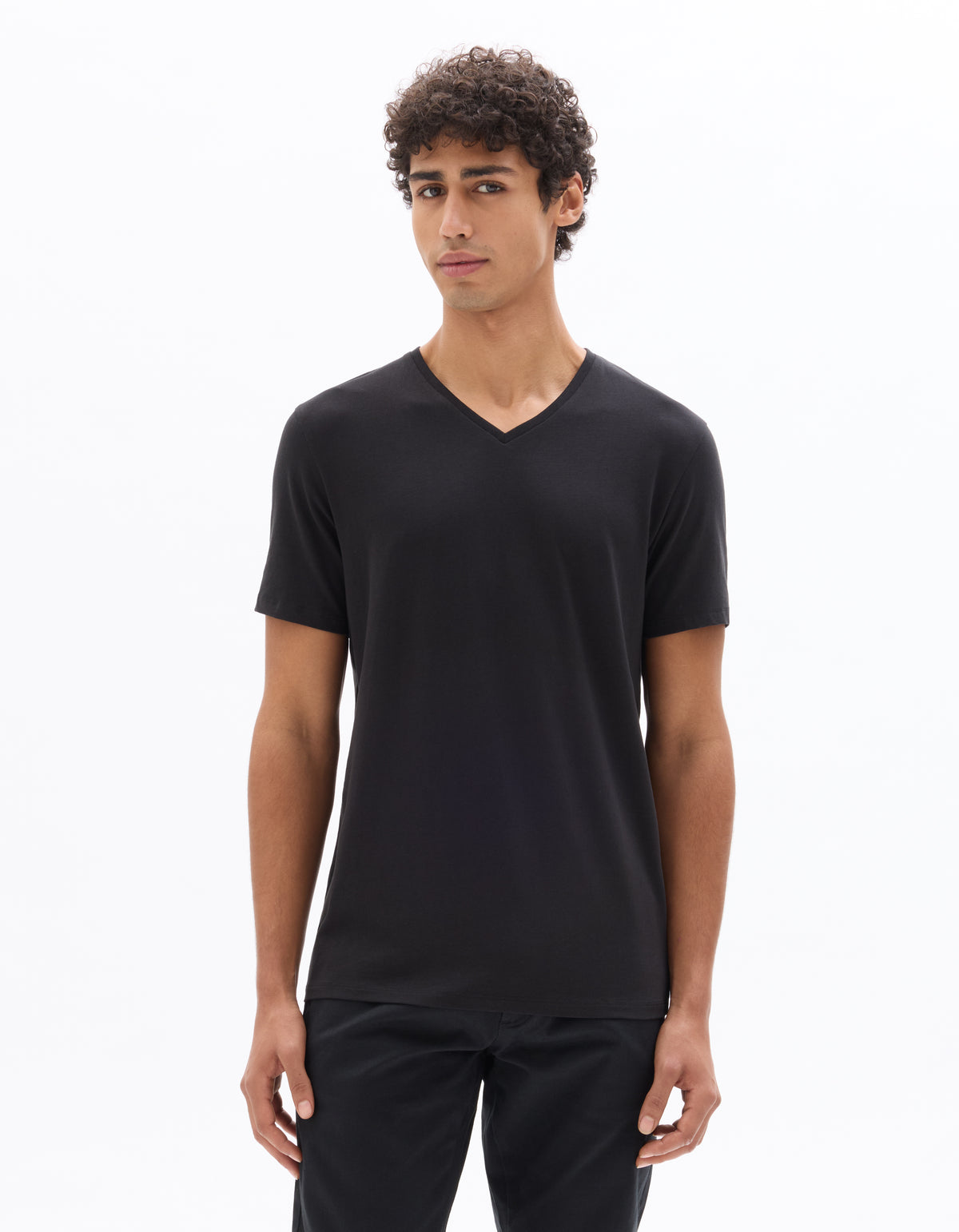 Slim Fit Cotton Blend V Neck T-Shirt - Black
