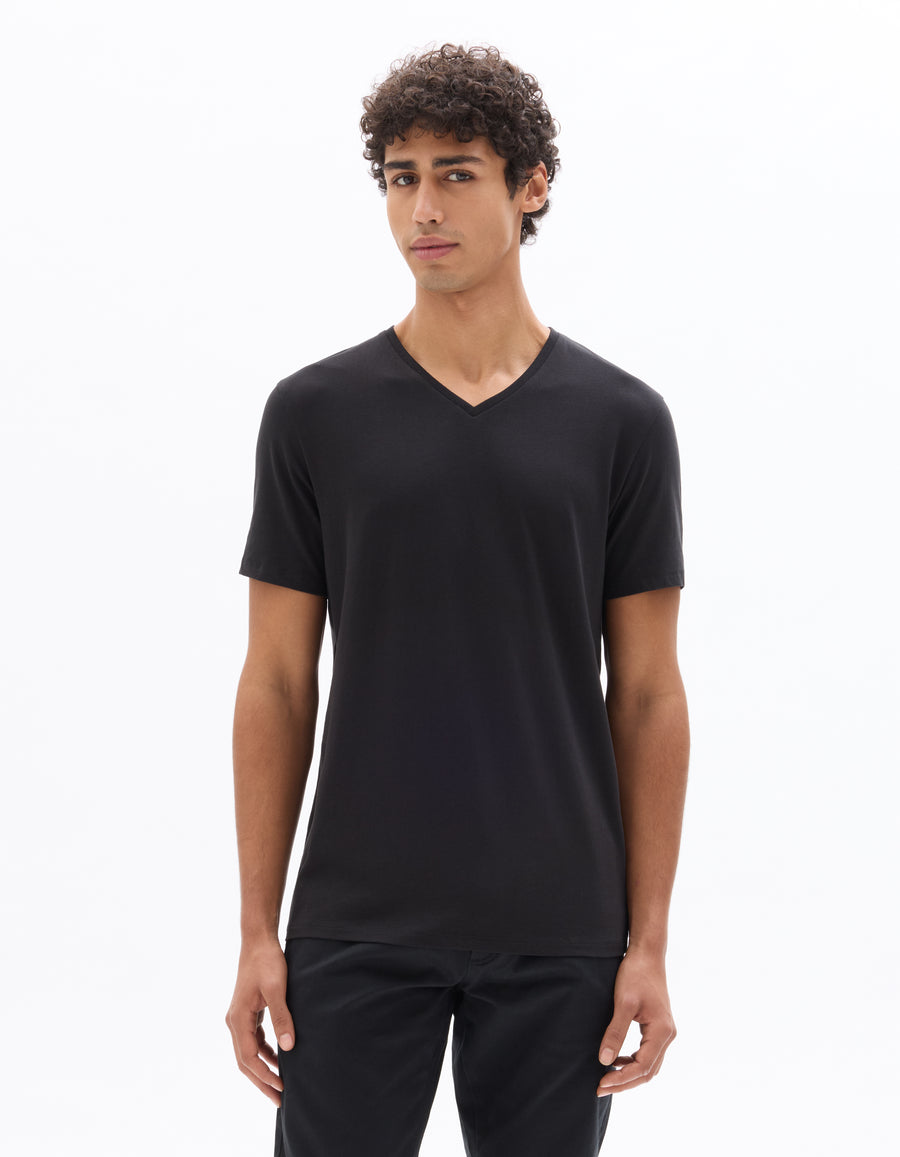 Slim Fit Cotton Blend V Neck T-Shirt - Black