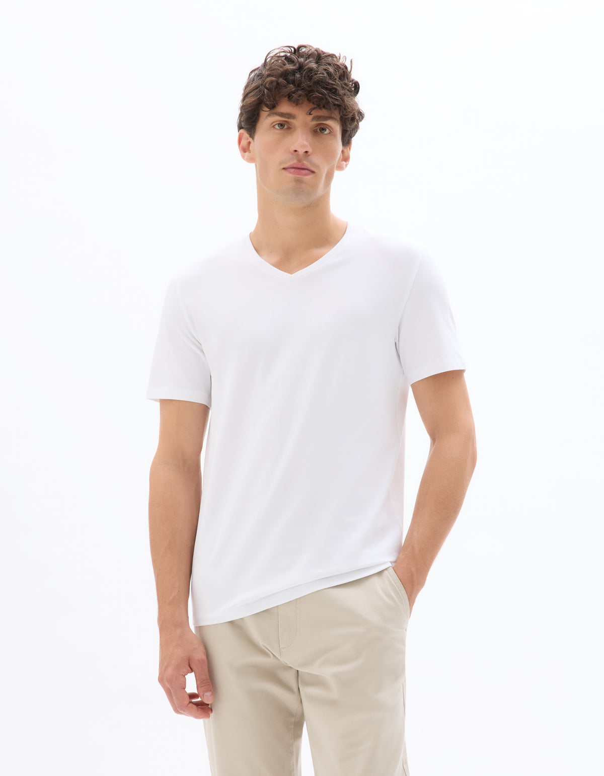 Slim Fit Cotton Blend V Neck T-Shirt - White