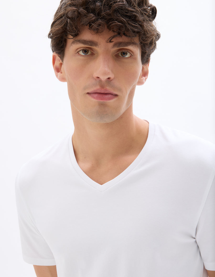 Slim Fit Cotton Blend V Neck T-Shirt - White
