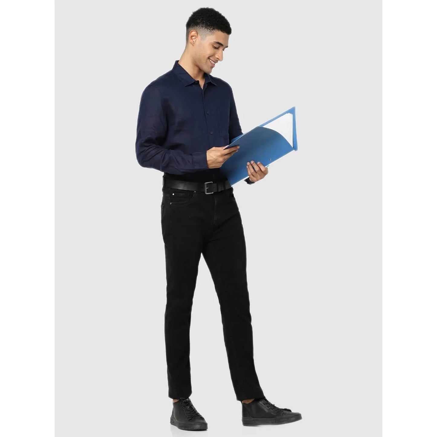 Celio* Solid Regular Fit Linen Navy Blue Shirt