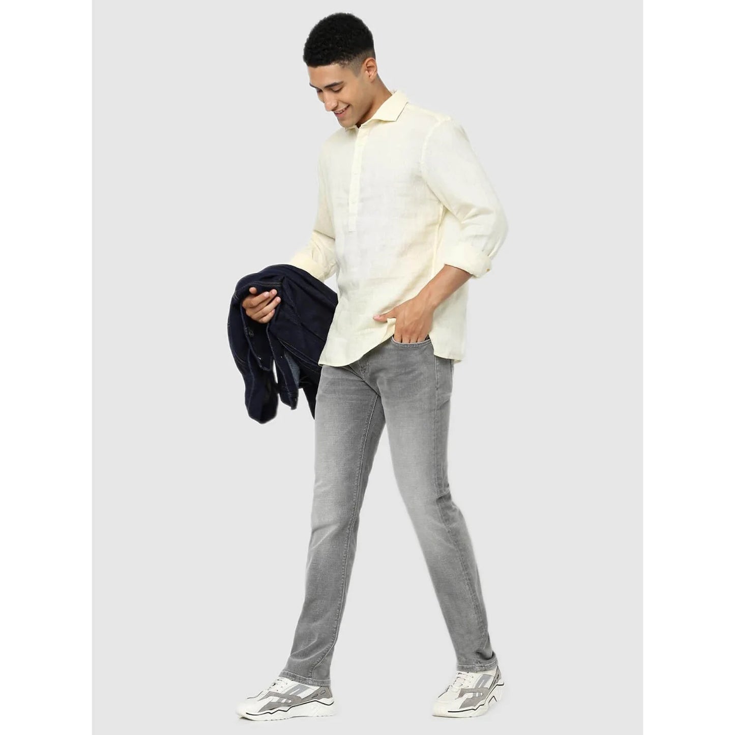 Celio* Solid Regular Fit Linen Cream Shirt