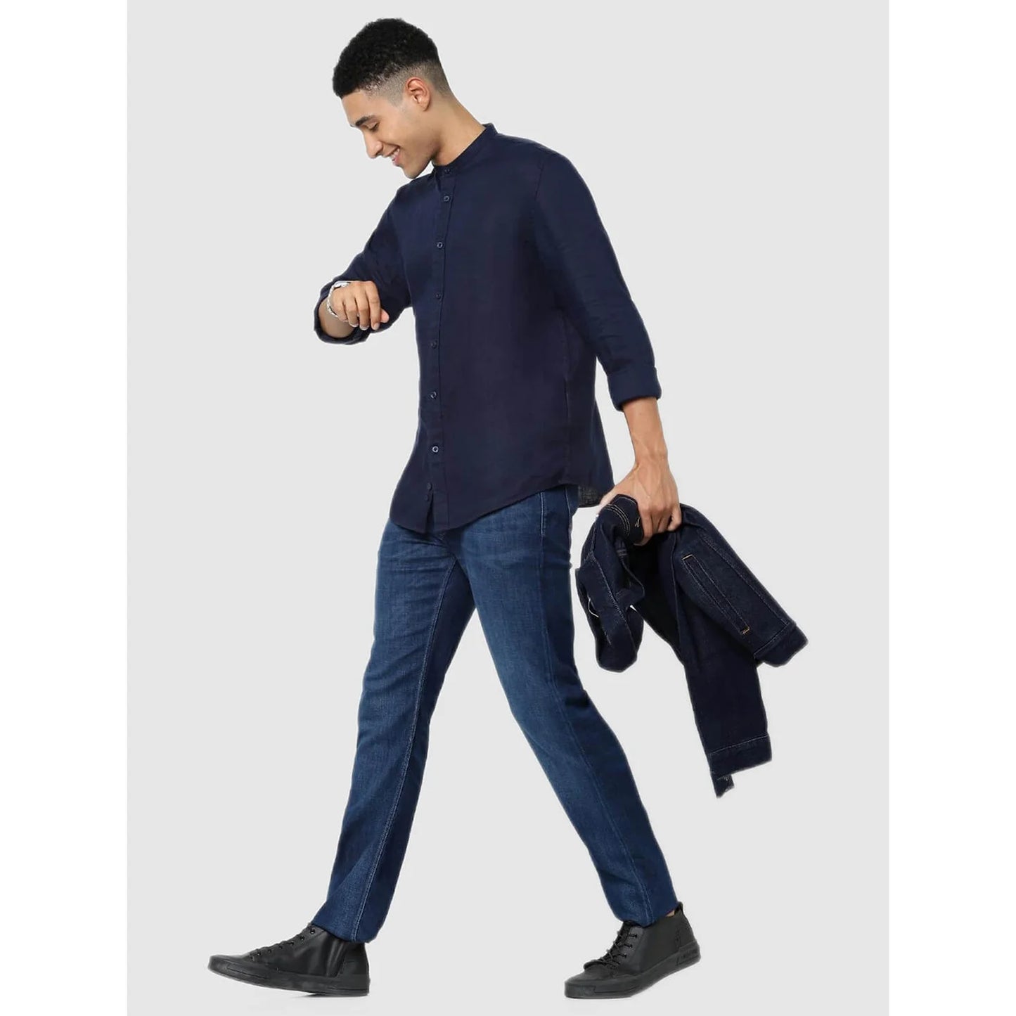 Celio* Solid Regular Fit Linen Navy Blue Shirt