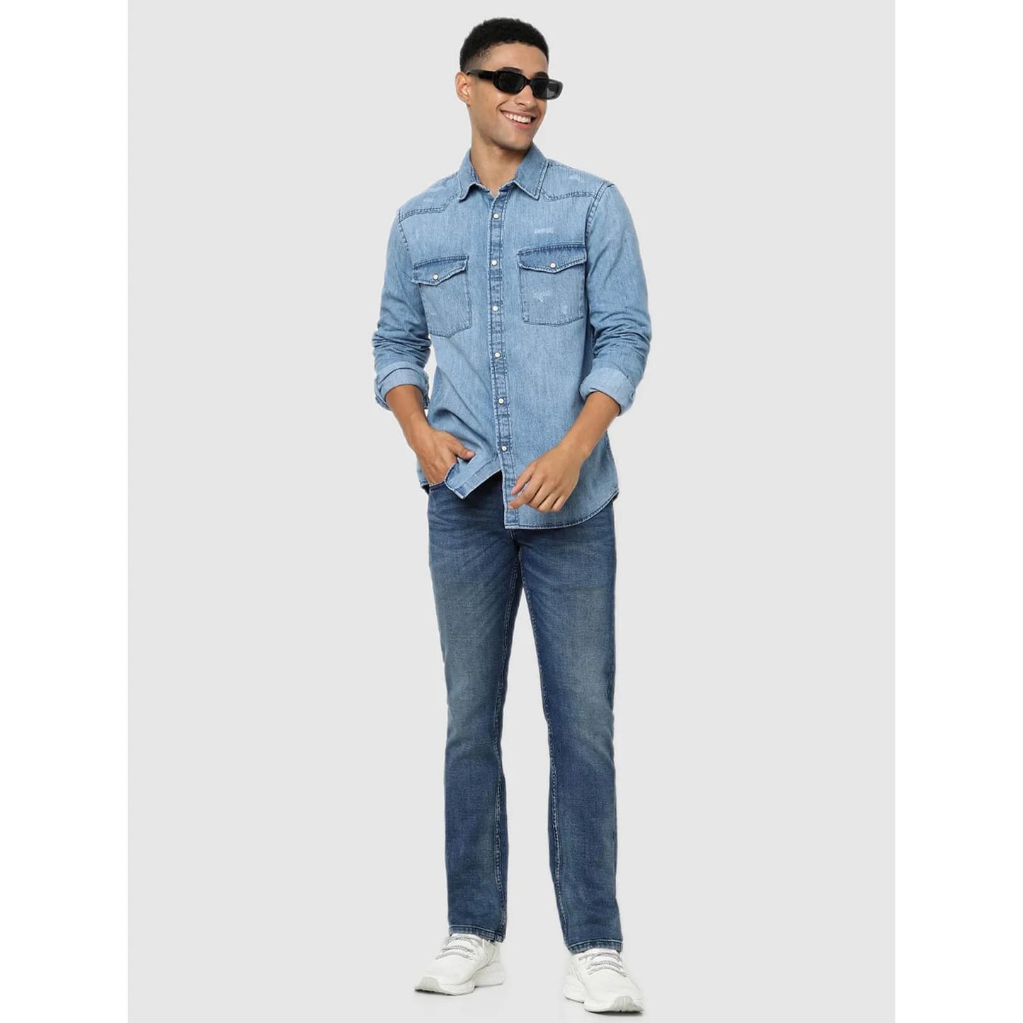 Celio* Solid Regular Fit Cotton Blue Shirt