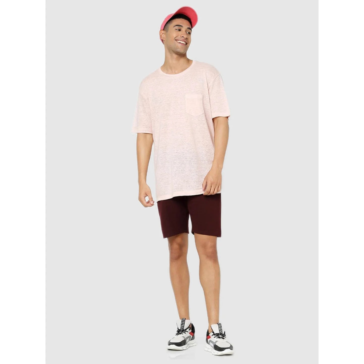 Celio* Solid Regular Fit Linen Pink T-Shirt