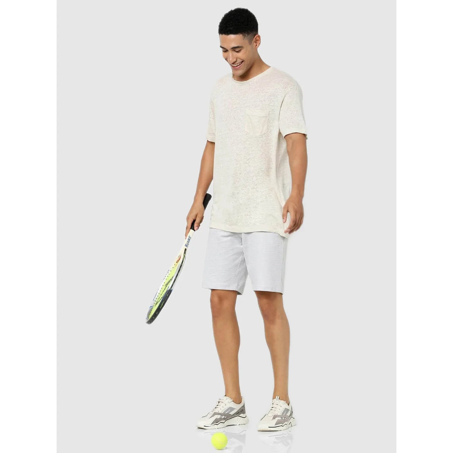 Celio* Solid Regular Fit Linen Off White T-Shirt