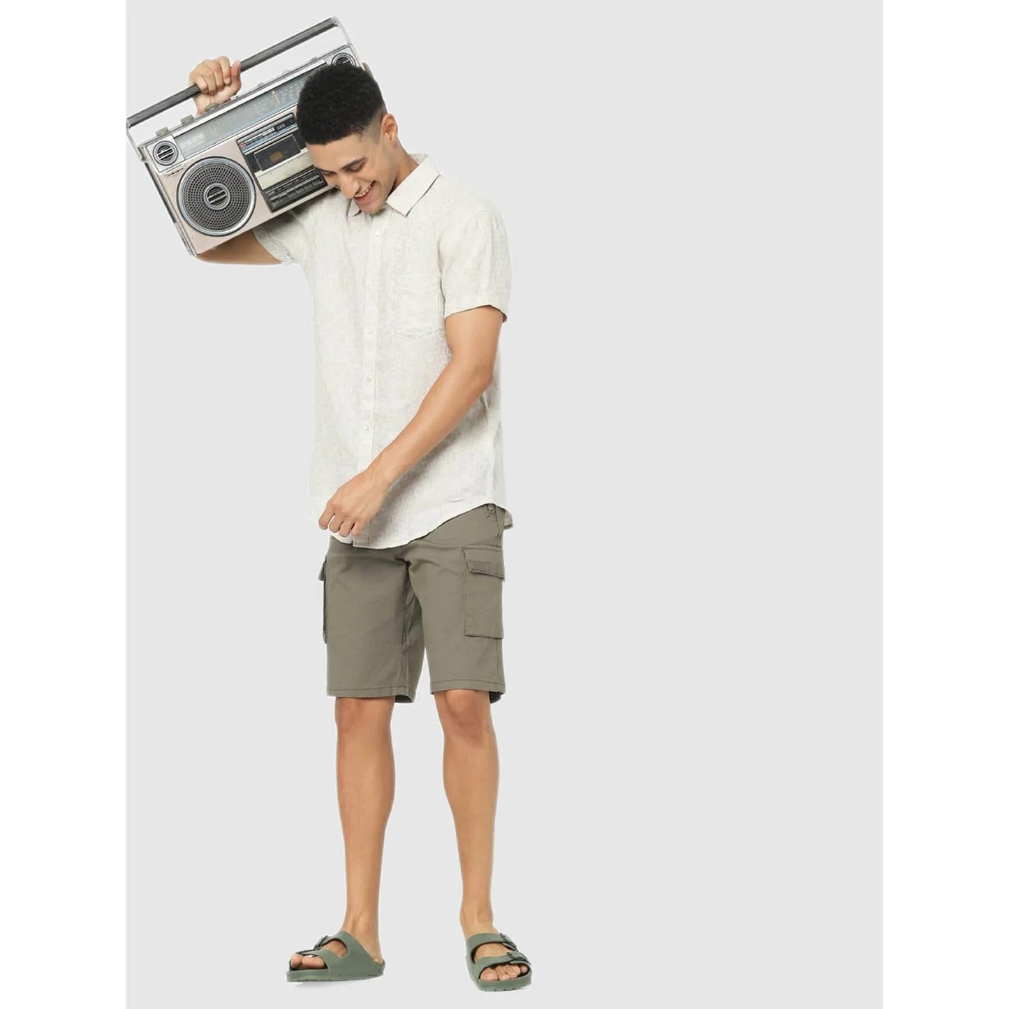 Celio* Geometric Regular Fit Linen Off White Shirt