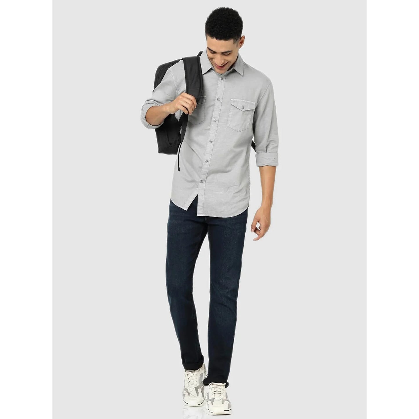 Celio* Solid Regular Fit Linen Grey Shirt
