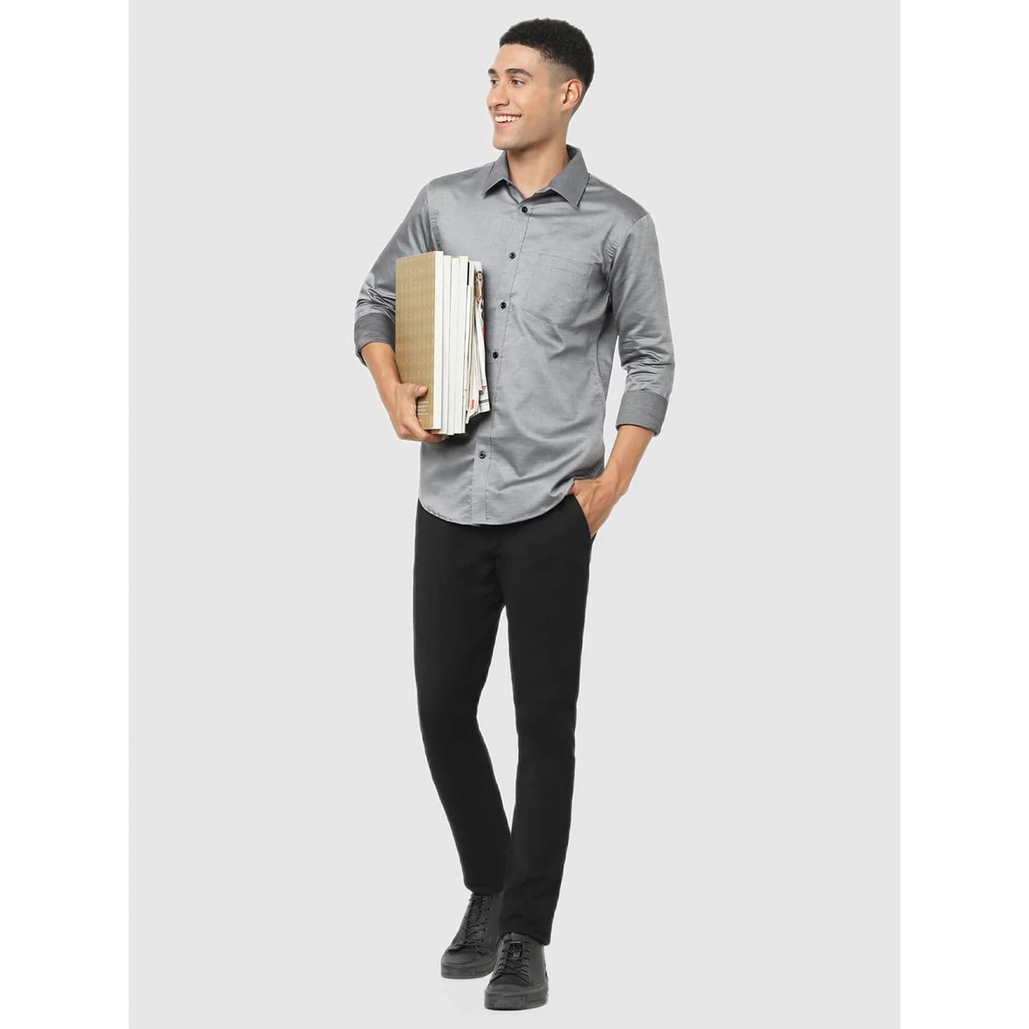 Celio* Solid Regular Fit Cotton Grey Shirt