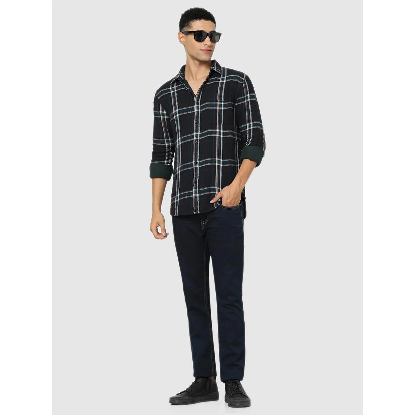 Celio* Checked Regular Fit Cotton Black Shirt