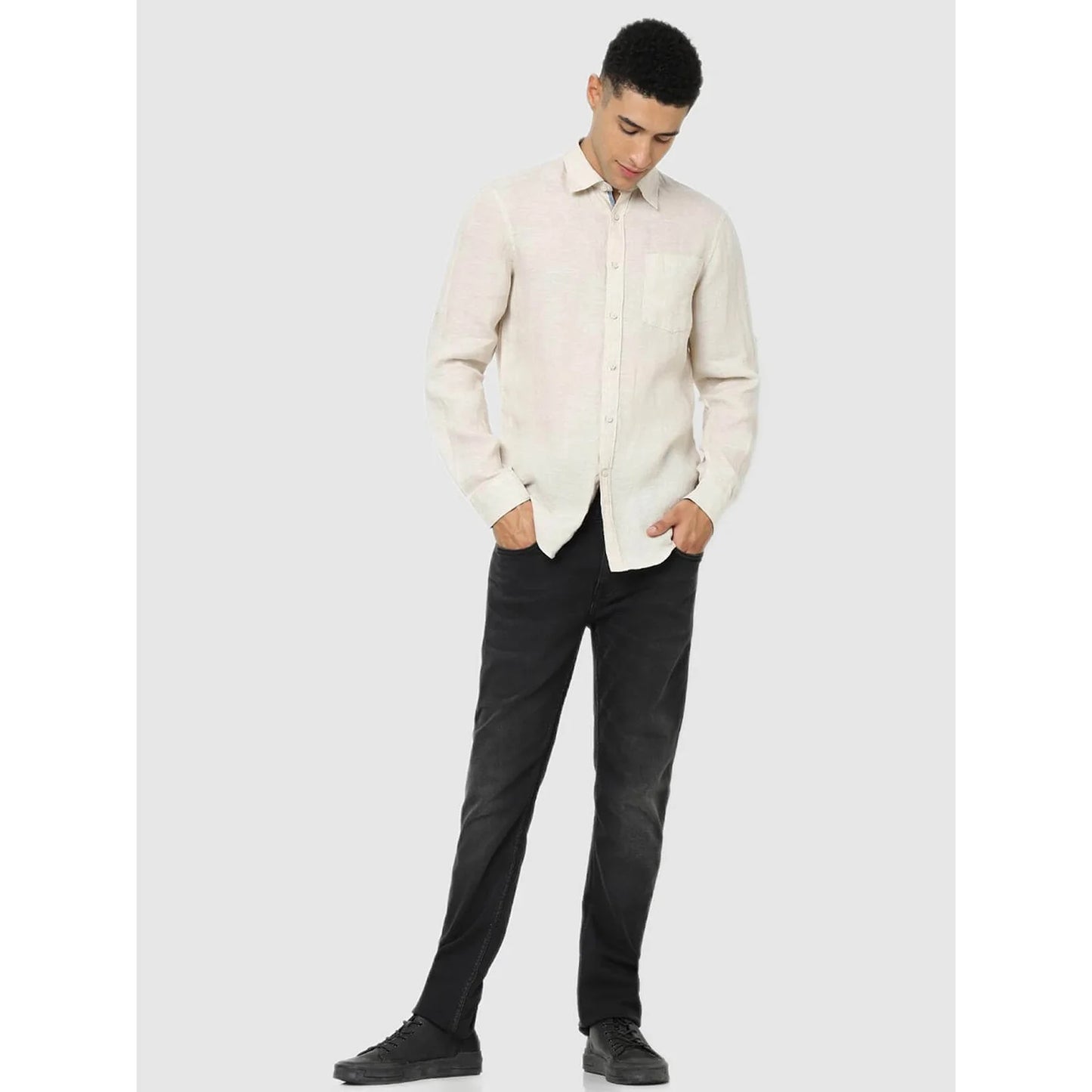 Celio* Solid Regular Fit Linen Cream Shirt