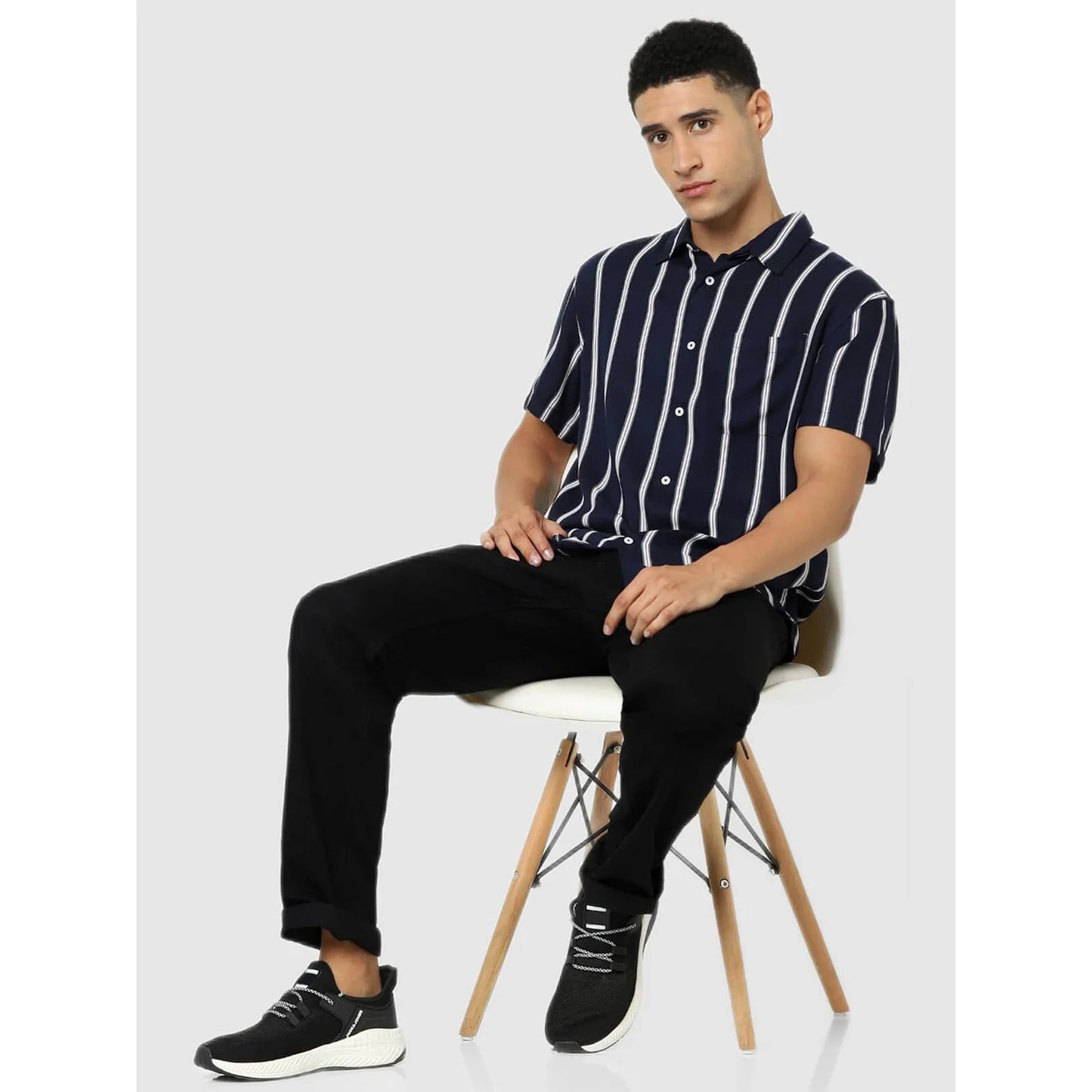 Celio* Striped Regular Fit Cotton Navy Blue Shirt