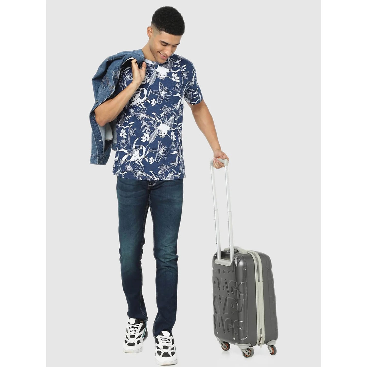 Celio* Floral Regular Fit Cotton Blue T-Shirt