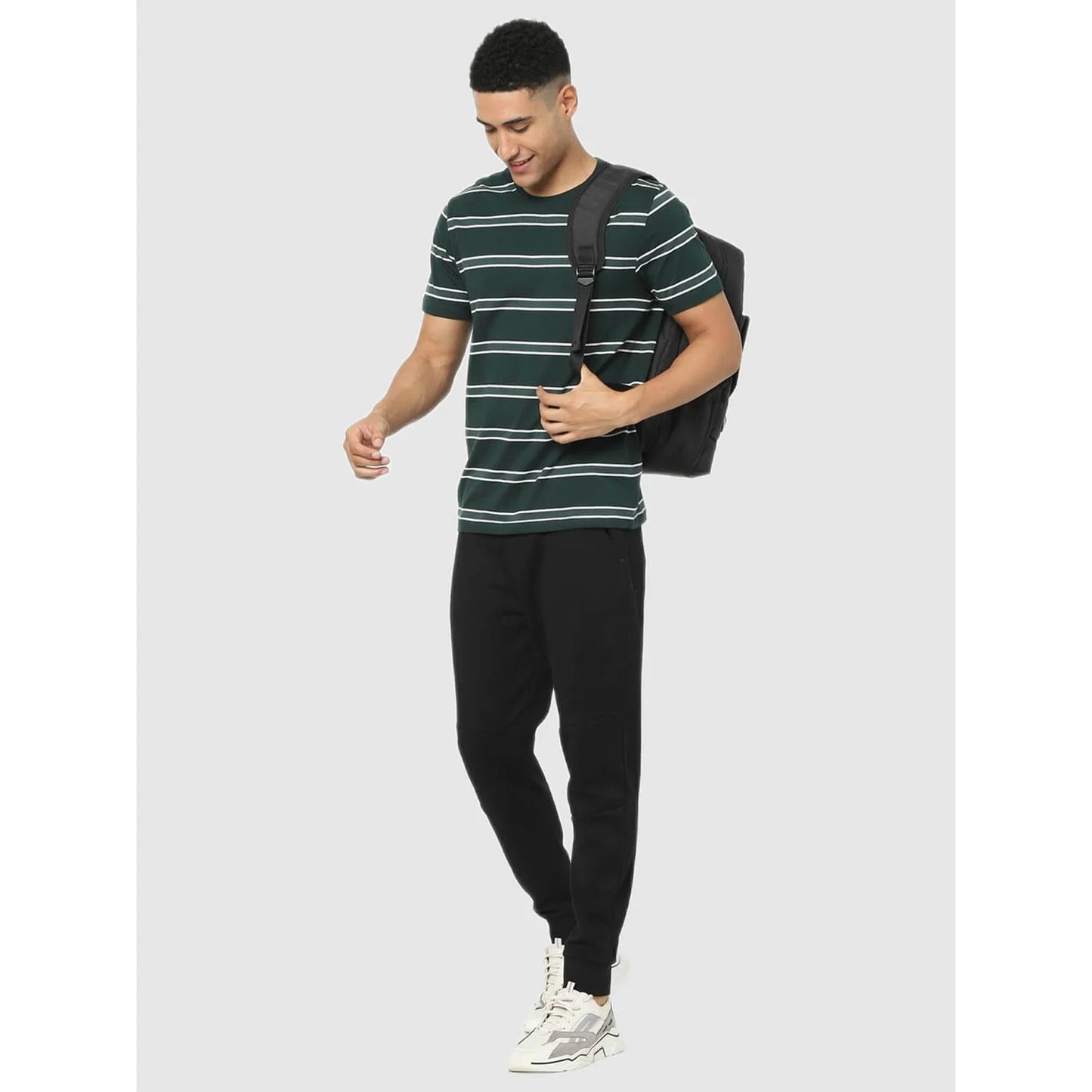 Celio* Striped Regular Fit Cotton Green T-Shirt