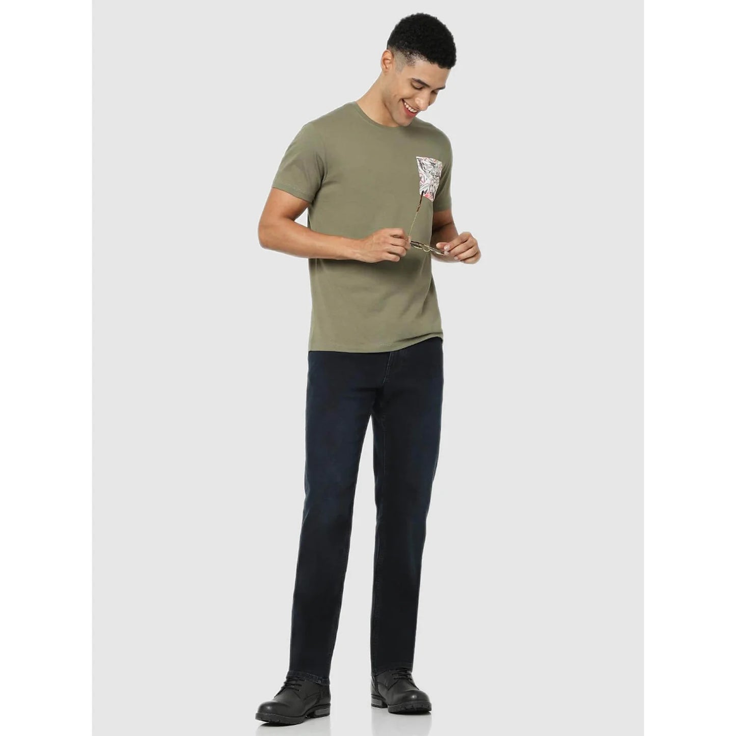 Celio* Solid Regular Fit Cotton Olive T-Shirt
