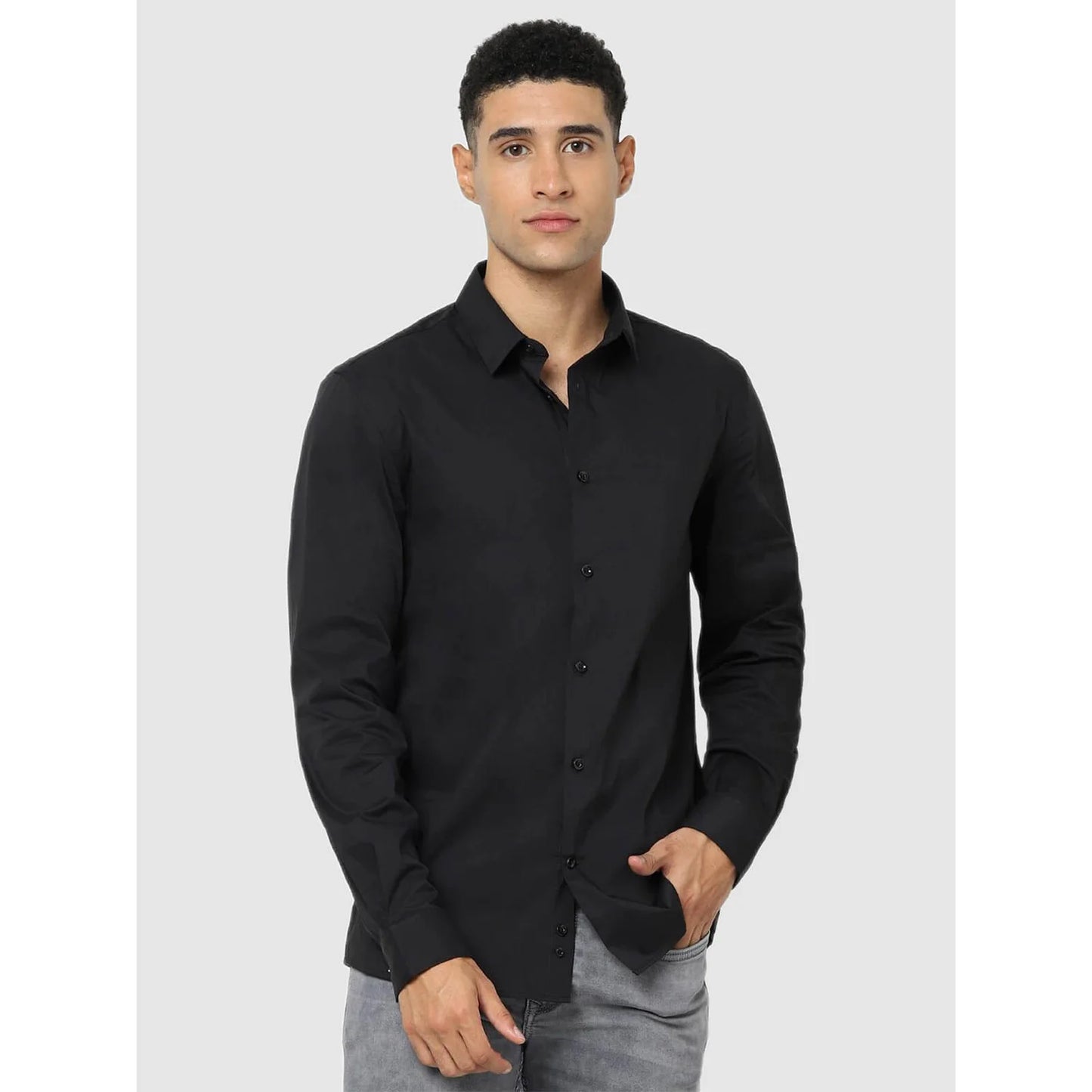 Celio* Solid Regular Fit Cotton-Blend Black Shirt