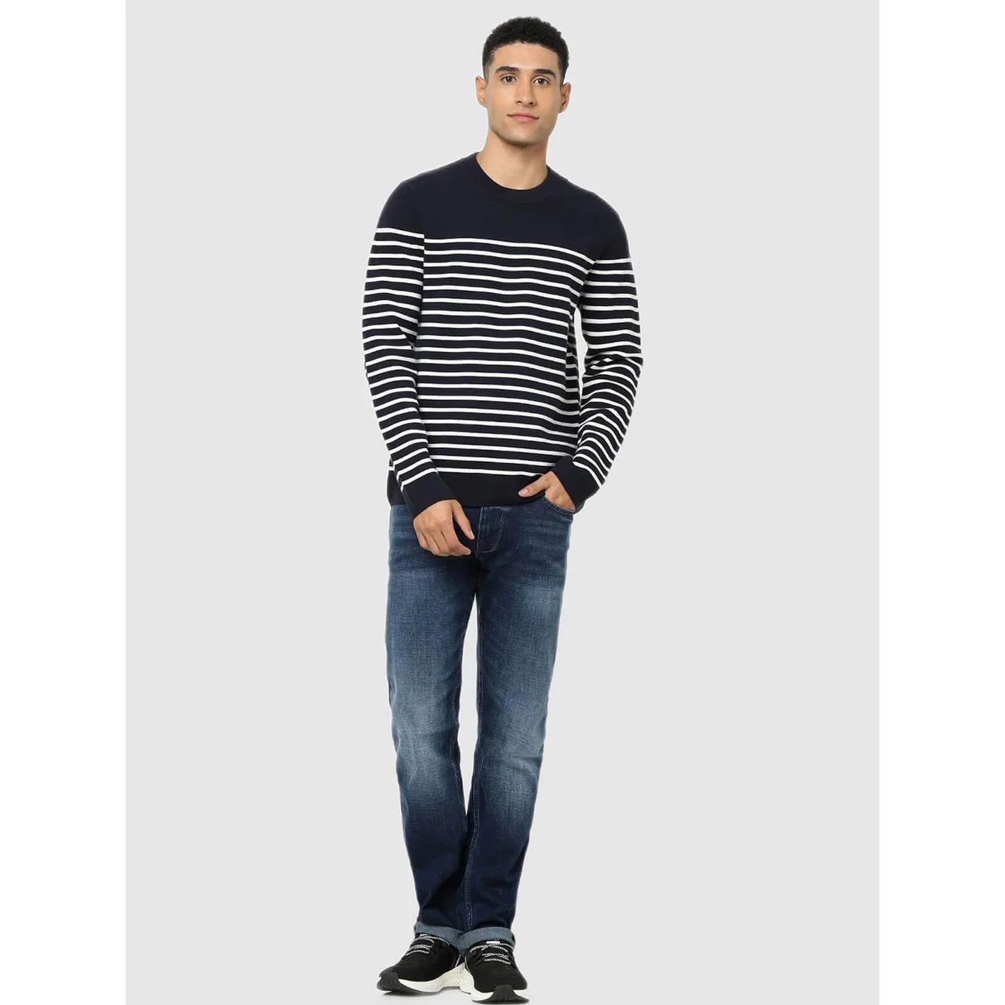 Celio* Striped Regular Fit Cotton-Blend Navy Blue Sweater