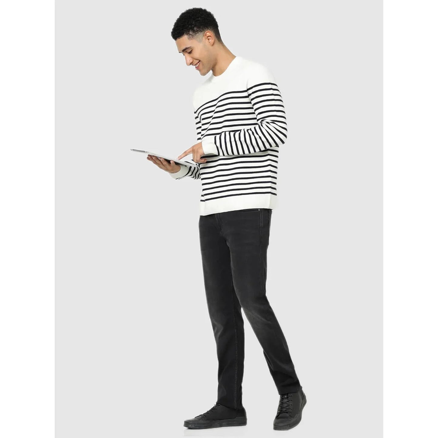 Celio* Striped Regular Fit Cotton-Blend White Sweater