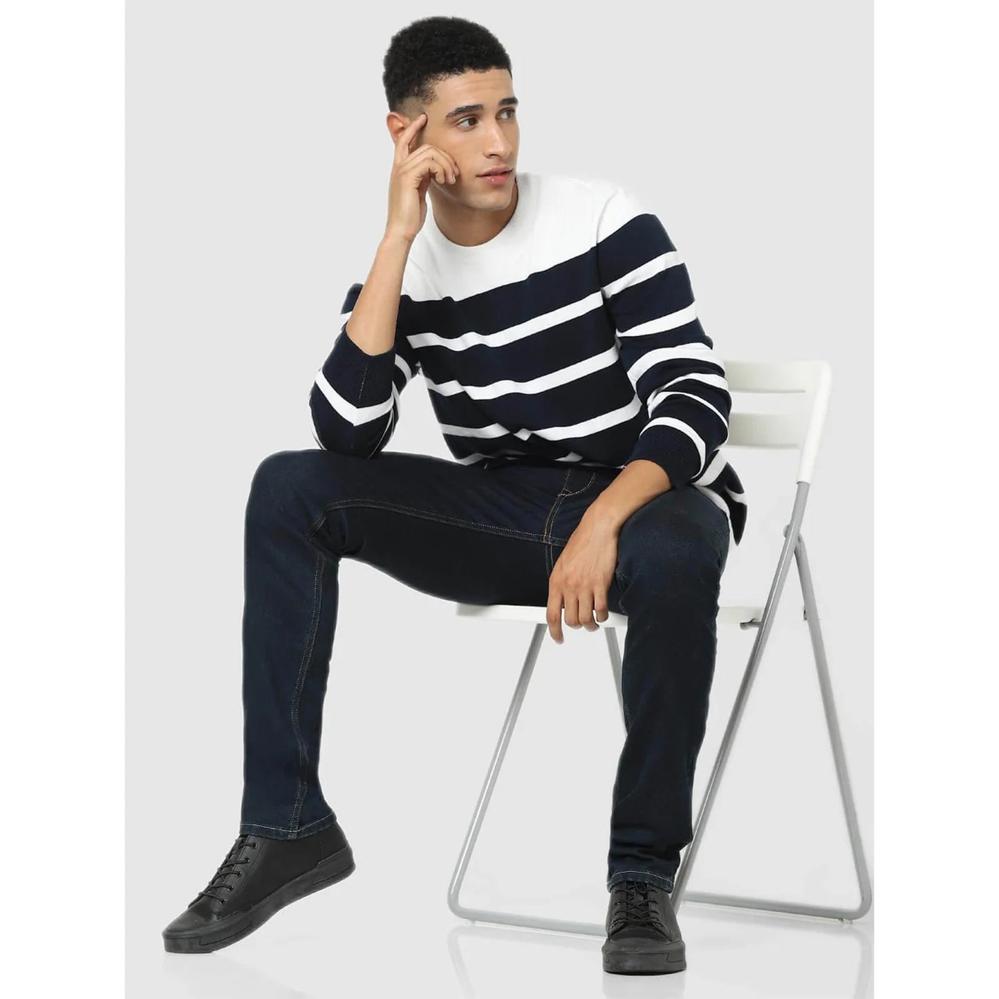 Celio* Striped Regular Fit Cotton Navy Blue Sweater