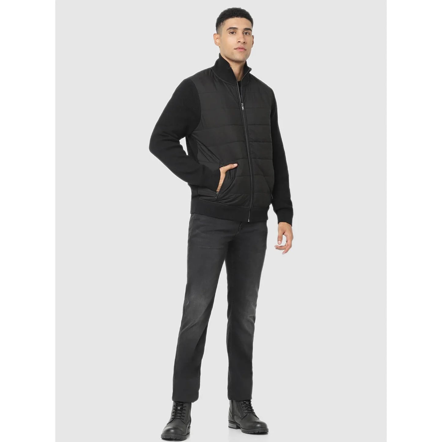 Celio* Solid Regular Fit Cotton-Blend Black Jacket