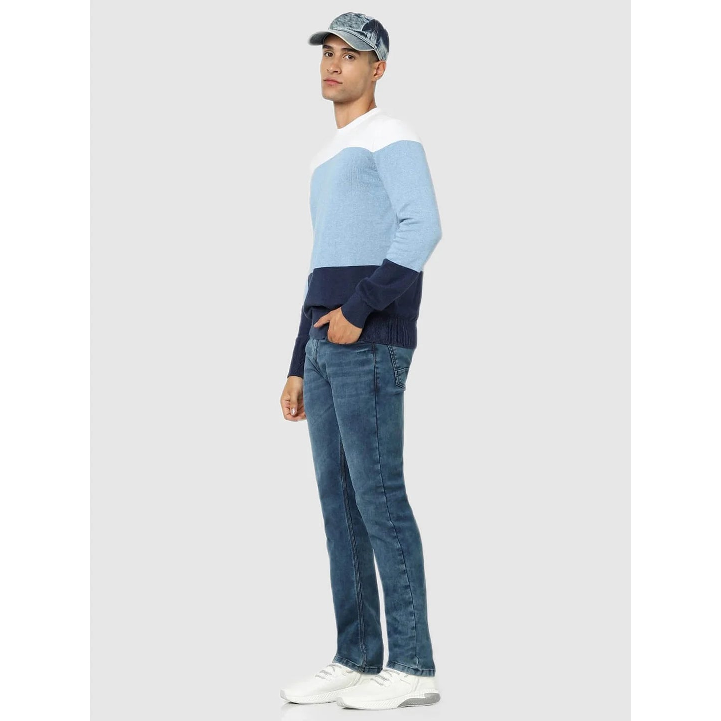 Celio* Colourblock Regular Fit Cotton Blue Sweater
