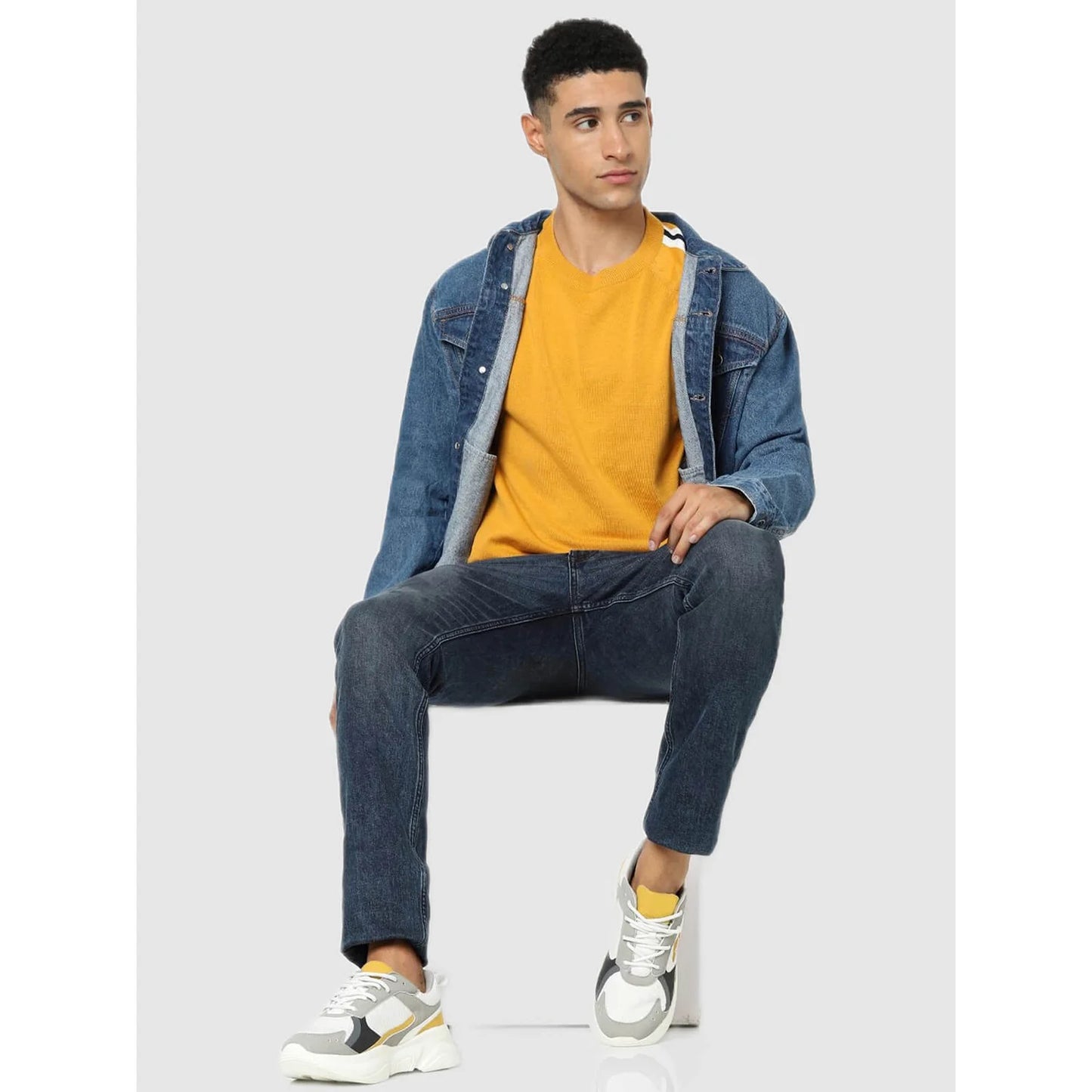 Celio* Solid Regular Fit Cotton Yellow Sweater