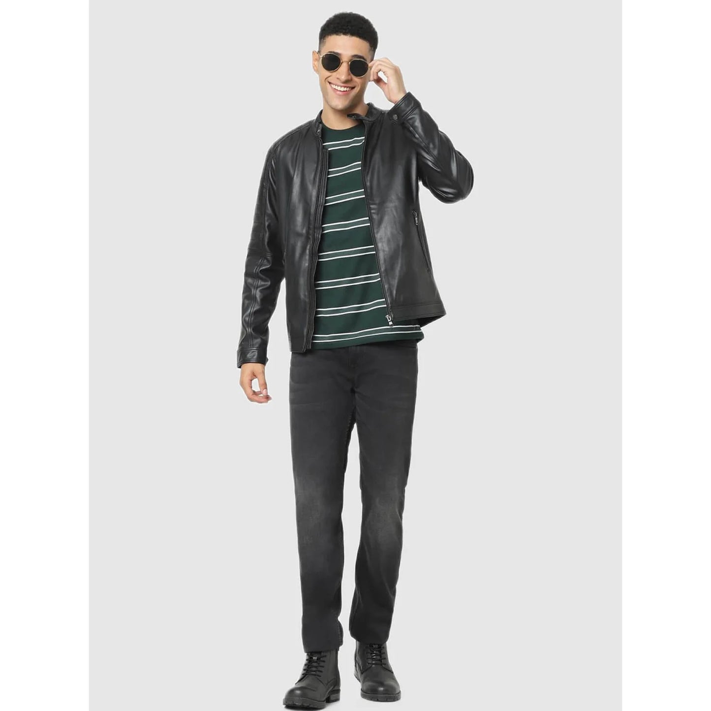 Celio* Solid Regular Fit Faux Leather Black Jacket