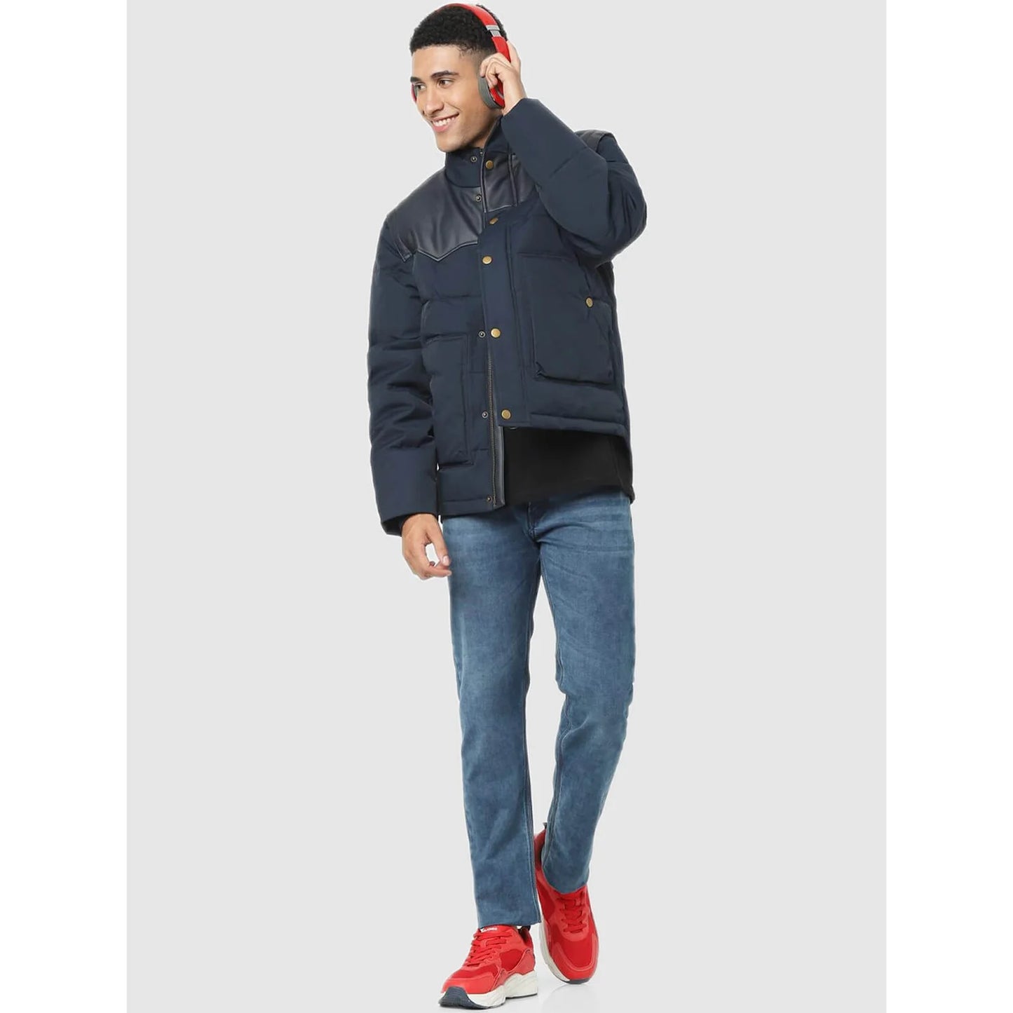 Celio* Solid Regular Fit Cotton-Blend Navy Blue Jacket