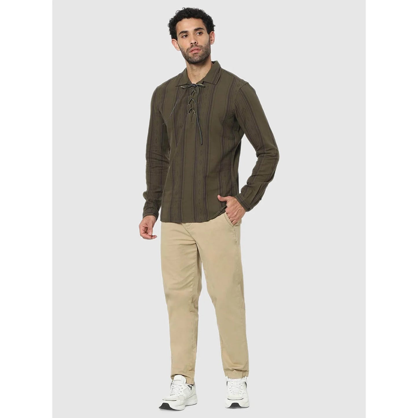 Celio* Striped Regular Fit Cotton Green Shirt