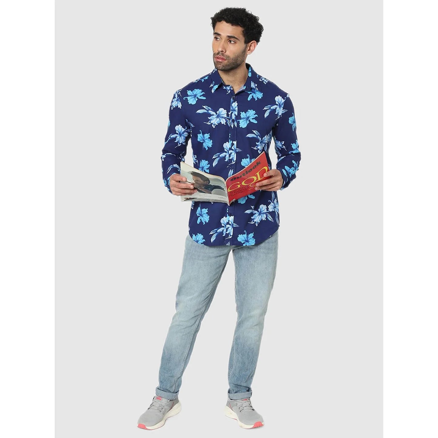 Celio* Floral Regular Fit Cotton Blue Shirt