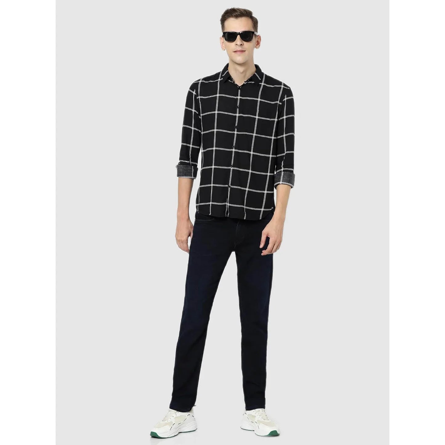 Celio* Checked Regular Fit Cotton Black Shirt