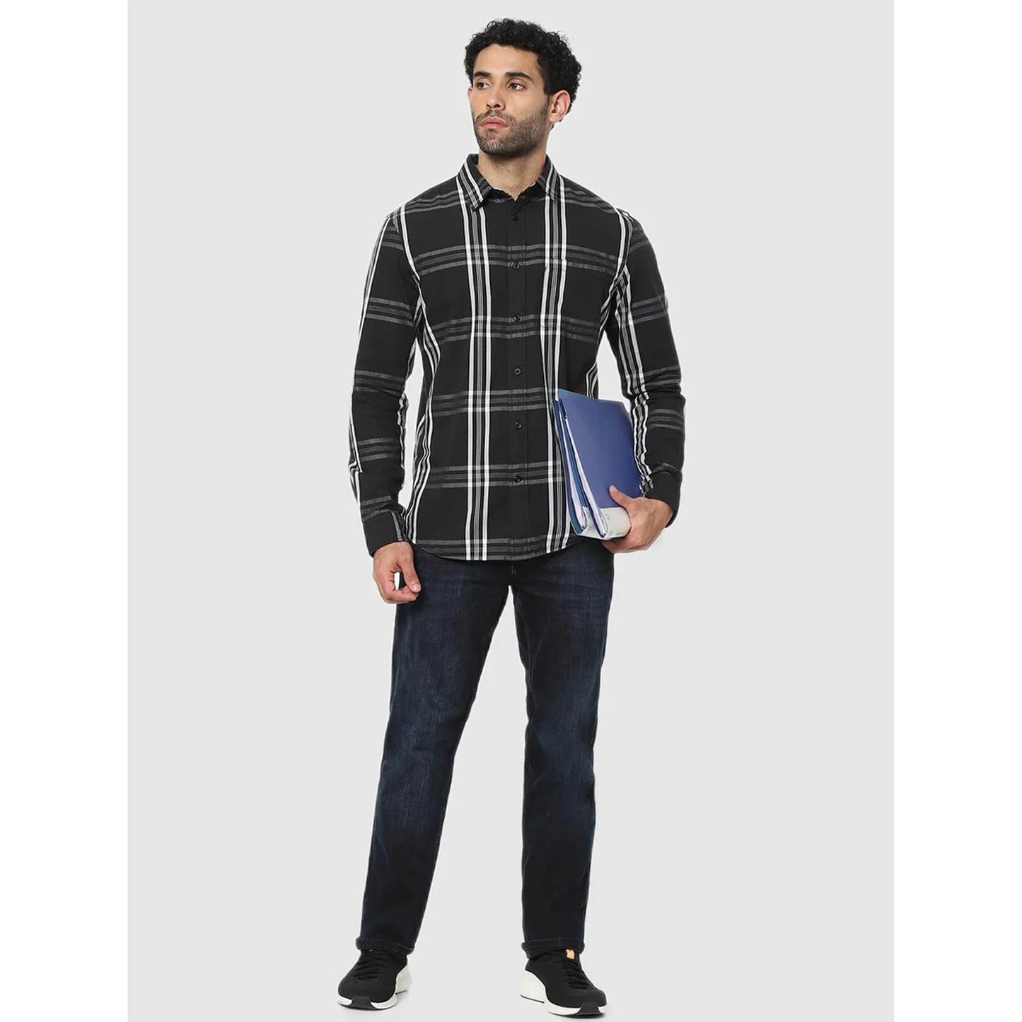 Celio* Checked Regular Fit Cotton Black Shirt