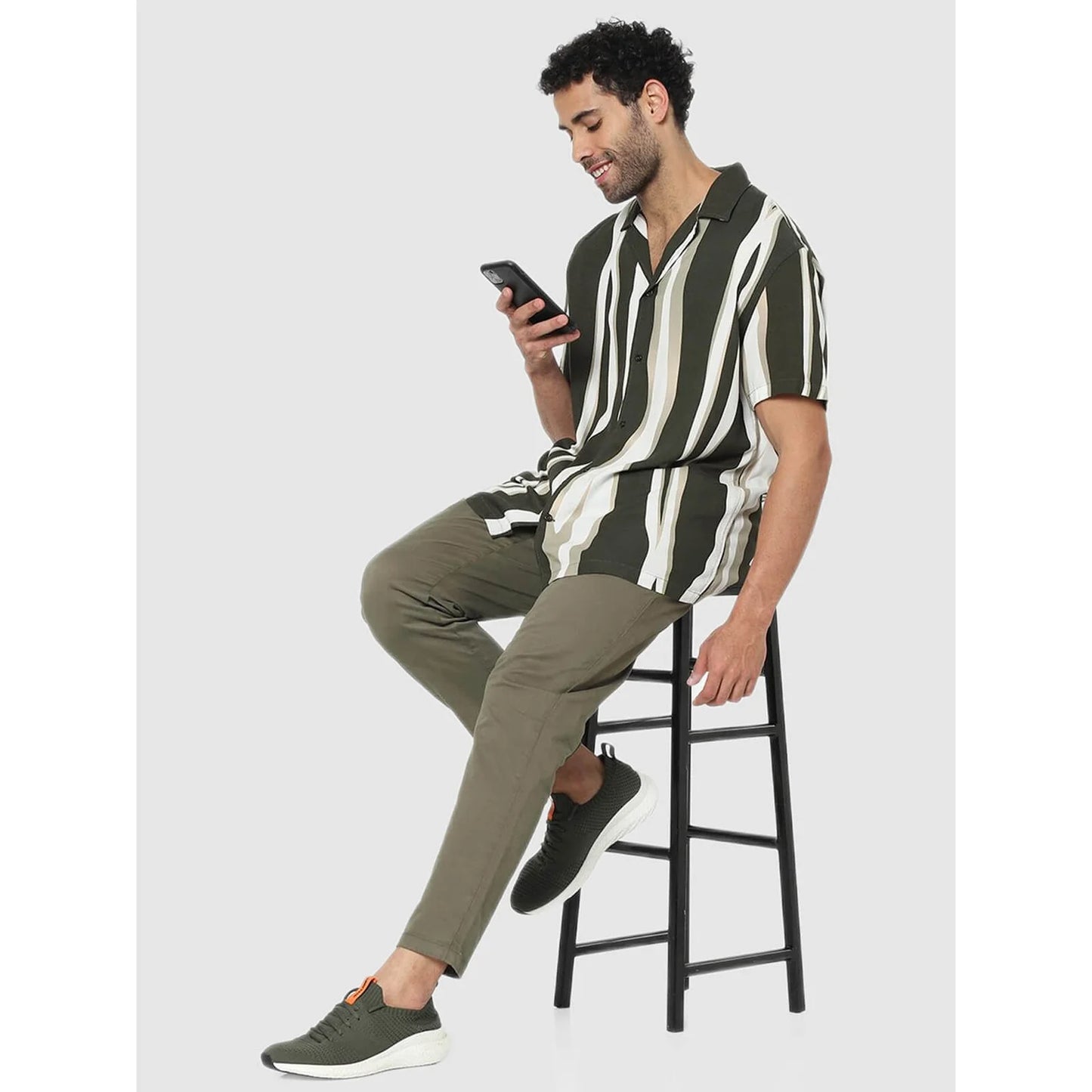 Celio* Striped Regular Fit Viscose Green Shirt