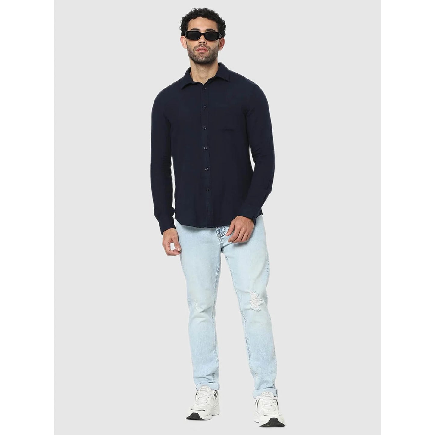 Celio* Solid Regular Fit Cotton Navy Blue Shirt