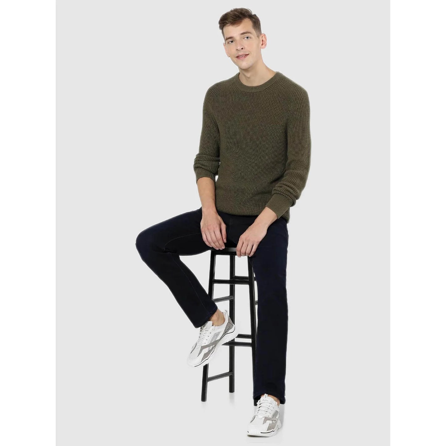 Celio* Printed Slim Fit Cotton Olive Sweater